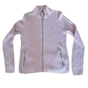 Lauren Ralph Lauren Pink Cable Knit Full Zip Sweater Silver Crest Logo Sz M